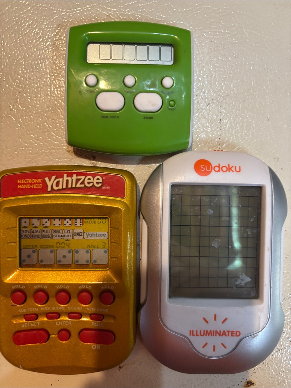 Electronic Handheld Game Bundle - Green, Gold, Silver blackjack Yahtzee sudoku